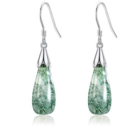ONEFINITY Boucles d'oreilles pendantes en argent sterling 925 avec pierre de lune/turquoise/ambre/agate mousse/bijou cadeau pour femme et fille, Argent sterling, Agate