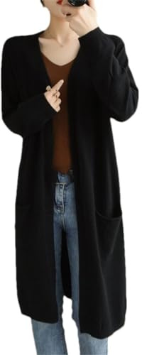 Cardigan en cachemire pour femme - Cardigan long en tricot - Veste à col en V, noir, Taille L