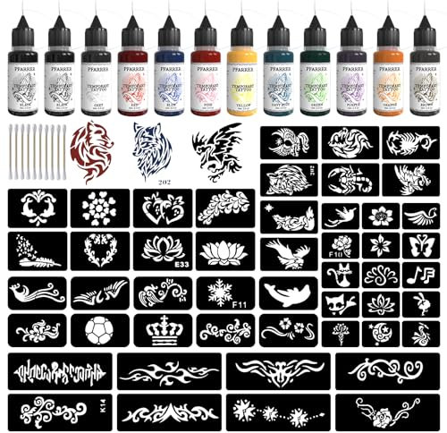 Kit Tatouage Ephemere 12 Bouteilles D'encre de Tatouage Professionnel Colorée, 49 Grands Pochoirde Faux Tatouage Temporaire per Femme Fille Homme