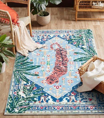 Aldopein Washable Oriental Rugs Boho Vintage Tropical Jungle 5x7 Area Rugs Thin Plant Oriental Carpet for Bedroom Kitchen Dining Living Room Office Distressed Indoor Entry Floor Rug