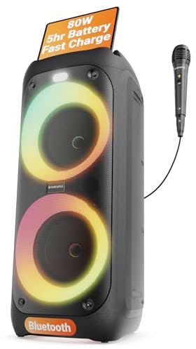Oakcastle Party Loud Bluetooth Speaker | 80W Karaoke Machine with 5H Playtime | TWS Multi-Speaker Link, Party LED Lights, EQ Control, & Wired Microphone Included | Oakcastle PS200 disco speaker