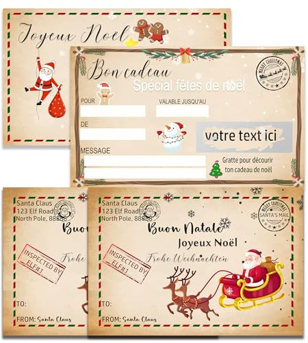 10pcs Carte à gratter Noël Surprise - Carte à gratter personnalisée avec 10 enveloppes - Billet avion annonce - Chèque cadeau Noël Surprise, Bon Cadeau, Coupon Billet Joyeux Noël ticket a gratter