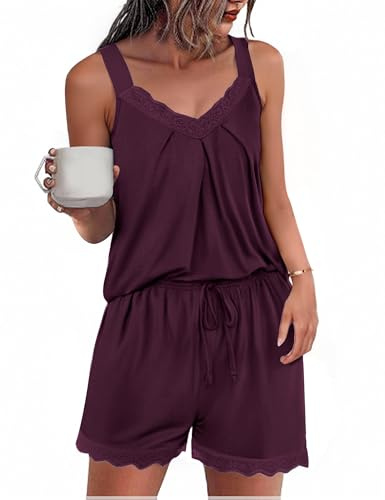 Uniexcosm Pyjama D'Été Sexy pour Femme Pyjama Court Femme Pigiama Di Cotone Donna Cravate en V avec Dentelle Violet Foncé M