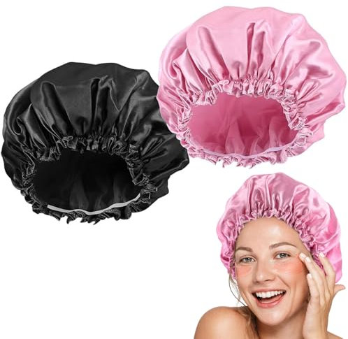 2 Stück Satin Damen Duschhaube Wasserdichte Haarhaube für Frauen Mädchen Elastische Wiederverwendbar Shower Cap für Baden Spa Salon Makeup