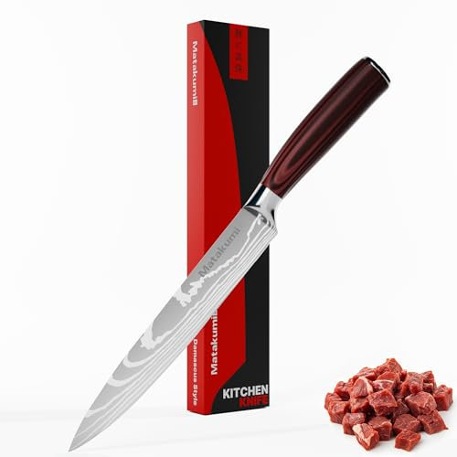 Matakumi Coltello da Cucina 20 cm Lama - Coltello da Chef Professionale per Carne Extra Affilato in Acciaio Inossidabile, Coltello da Cucina in Stile Damascato per Affettare Carne