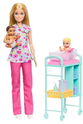 Barbie Métiers Coffret Pédiatre avec poupée Blonde vêtue d’Une Blouse, 2 poupées bébés, Une Table d’Examen et Accessoires, JMK12