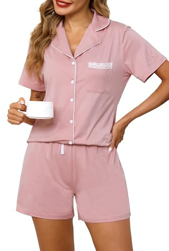 Lovasy Pigiama in Cotone Donna Estivo con Bottoni Davanti Pigiami Set Corta Pizzo Scollo a V e Maniche Corte 2 Pezzi Pigiami da Casa Leggero T-Shirt Pigiama,A-Rosa,M