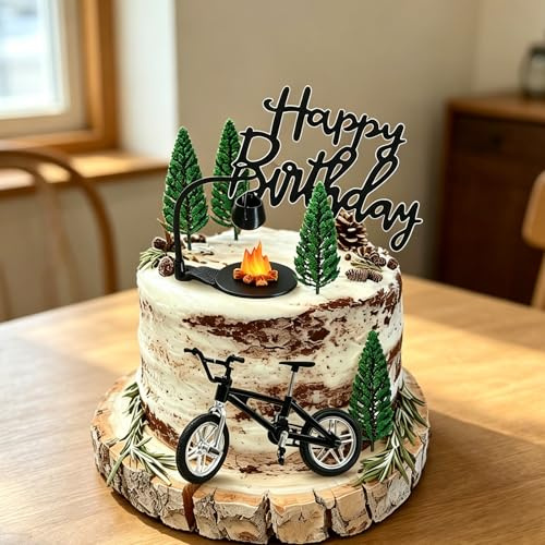 Bicycle Cake Topper Bike Cake Decorations for Outdoor Sports Camp Mountain Tree Themed Birthday Party Supplies