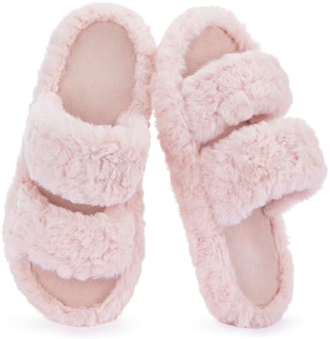 RockDove Women’s Pluffie Slippers with Arch Support & Memory Foam, Cozy Faux Fur Open Toe House Shoes, Gift-Ready Indoor Outdoor Comfort, Size 7-8 US Women,Light Pink