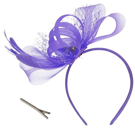 Femmes Fascinator Chapeau de Fête au thé Royal Ascot Bandeau Hatinator Gatsby Cocktail Plume Strass Cap Derby(Taille unique,Violet)