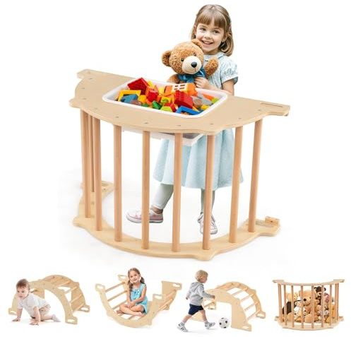 HONEY JOY Pikler Wooden Arch Climber, Montessori Sensory Table for Kids w/Foldable Storage Bin, Baby Rocker Ladder Play Gym, Toddler Climbing Toys Indoor, Learning Gift for Kids (31.5” × 18.5” × 16”)