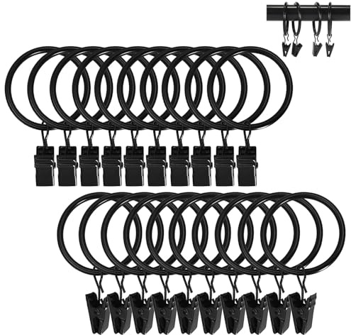 Anillas para Cortinas Negras 20 Unidades, argollas metálicas con Pinzas de sujeción, diámetro Interior 32 mm, Ganchos para Cortinas prácticas y Resistentes para salón, Dormitorio o baño