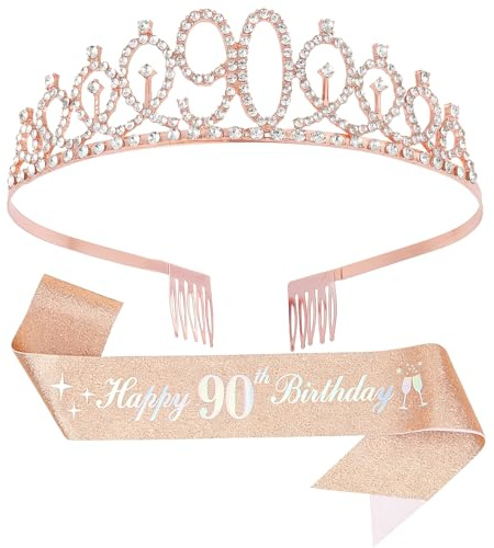 90th Birthday Decoration for Women,Rose Gold Birthday Sash and Rhinestone Crown for Women's 90th Birthday Party Supplies