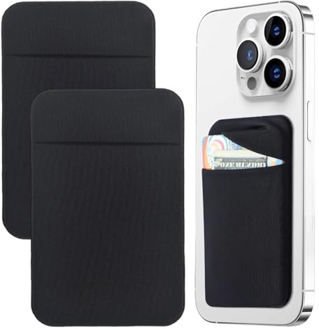 GXAHSOL 2 Pack Black Cell Phone Pocket Self Adhesive Card Holder, Lycra Fabric Stick On Phone Wallet Sleeve, Slim Stretchy Card Pocket for ID Credit Cards, Fits Most Smartphones and Cases