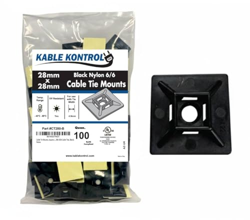 Kable Kontrol Zip Tie Mounts, 1” Sq, Black, 100 Pcs, Adhesive Backed Multi-Purpose UV-Resistant Mounting Squares Nylon Cable Tie Wrap Anchor Pads for Cable Management