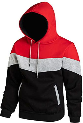 Herrhuvtröja pullover sweatshirt UK långärmad fleece färgblock lappverk ulltröja huvtröjor med ficka, Röd grå svart, XXL