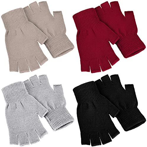 Nuanchu 4 Paires Gants Demi-Doigts d'Hiver Tricotés Mitaines sans Doigts Chauds Extensibles (Noir, Rouge, Kaki, Gris Clair)