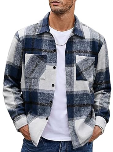 MakingDa - Camicia da uomo in flanella, a maniche lunghe, calda e spessa, a quadretti, con bottoni, casual, invernale, motivo scozzese, con tasche, Blu scuro, XL