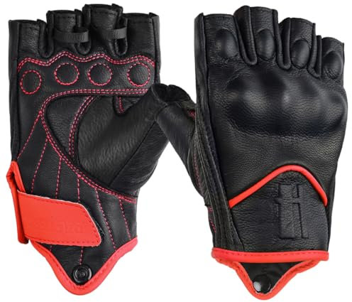 Harssidanzar Gants de moto sans doigts pour femme,protection des articulations dures conduite motardcourse gant de moto écran tactile KL022,Noir et rouge,Taille M
