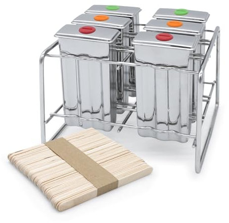 Eisformen aus Edelstahl wiederverwendbar inklusive 50 Holz Eisstiele - 6er Set - Popsicle Form mit Metall Ständer für Eis am Stiel - DIY Stieleis Wassereis Förmchen spülmaschinenfest umweltfreundlich