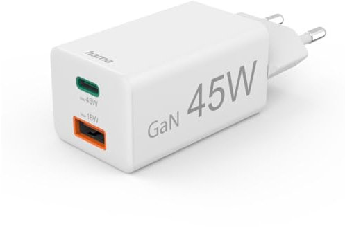 Hama Schnellladegerät USB (Ladegerät mehrfach, USB C, USB A, Handy Tablet Laptop Universal Ladegerät, Netzstecker USB Schnellladen, USB C Netzteil, Power Delivery/Quick Charge 3.0, GaN Charger, 45 W)