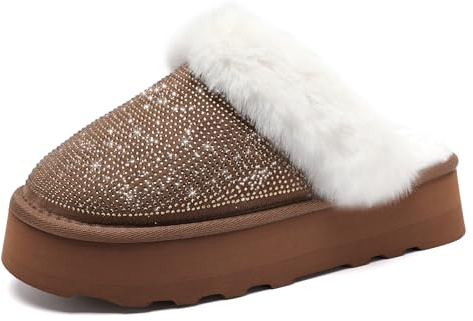 Waysoland Zapatillas de casa Mujer,Las Plataforma Pantuflas a Cuadros de memoria difusa de las Damas se Deslizan en el Dormitorio Suela Antideslizante Zapatillas(Strass Marrón,38/39 EU)