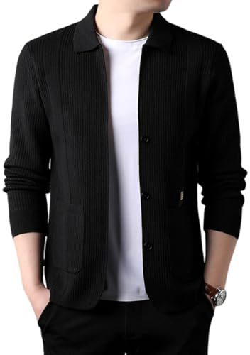 Lurebest Giacca Cardigan Con Risvolto Da Uomo, Maglione Casual A Maniche Lunghe Con Bottoni E Tasche, Cardigan Con Bottoni E Struttura In Maglia (Nero, Uomo)
