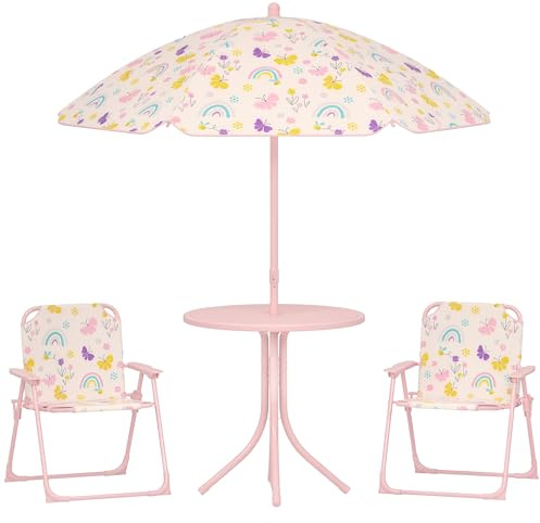 AIYAPLAY Set da Giardino 4 Pezzi per Bambini con Motivo a Farfalla e Arcobaleno e Tavolino Rotondo, 2 Sedie Pieghevoli e un Ombrellone, Tavolino con Sedie per Bimbi 2-5 Anni da Esterno, Rosa