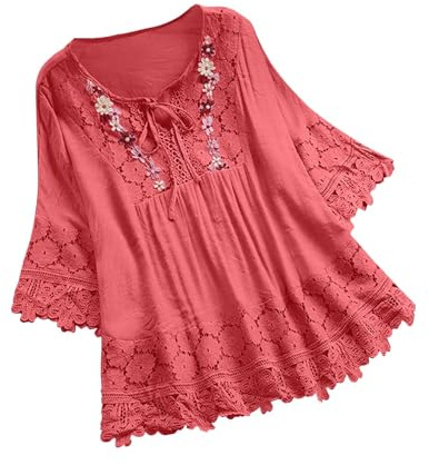 TURWXGSO Ladies Top 3/4 Length Sleeve Womens Boho Tops Cotton Linen Mexican Embroidered Shirts Flowy Lace Tunic Peasant Blouses Oversized Pullover Tees Plus Size T-Shirt UK S-5XL