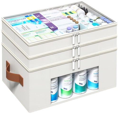 ISusaid 3-Tier Medicine Organizer for Cabinet, Foldable Medicine Storage Box with Clear Cover and Leather Handle, Empty First Aid Kit for Home and Travel