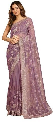 TRENDMALLS Sari en filet doux brodé pour femme avec chemisier non cousu (K1218-Violet clair)