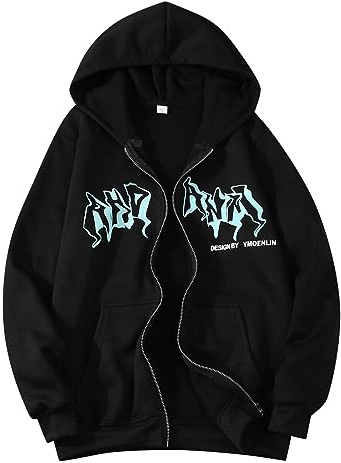 Chaqueta Zip Up Hoodies Hip Hop Sudadera con Estampado Gótico Chaqueta con Capucha Street Fashion Unisex Cordón Sudadera con Capucha 90 E Girl Top Jersey de Invierno Hombre, Negro , L