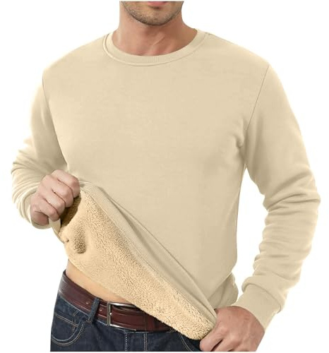 Mens Sweatshirts Crew Neck Jumpers Fleece Lined Thermal Pullover Winter Sweaters Long Sleeve Plain Casual Workwear Thick Gym Fuzzy Fluffy Sweatshirt 01-Beige L