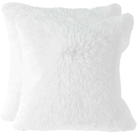 EujRcf 2Pcs Fluffy Cushions, White Cushion Covers, Decorative Pillows, Faux Fur Cushion Covers, Bed Cushions, Soft and Cozy, Home Decor, Living Room, Bedroom