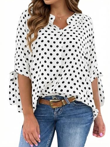Cicy Bell Womens Polka Dot Blouse V Neck Bow Tie Cuff Half Sleeve Tunic Loose Fit Summer Casual Button Down Pleated Tops