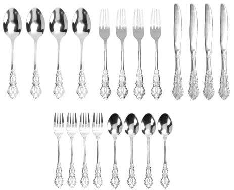 Hiraith Ensemble de Couverts Vintage en Acier Inoxydable pour 4 Personnes, Poli Miroir, Passe au Lave-vaisselle, Ensemble de Couverts avec Fourchettes à Dîner, Fourchettes à Salade, (Argent)