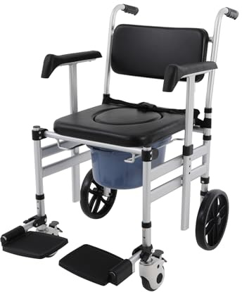 Duschstol, rullstol med hjul, duschrullstol, aluminiumram, toalettrullstol, vikbar toalettstol, 150 kg, transportstol, duschstol, höjdjusterbar, vårdstol, vadderad