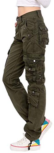 Onsoyours Femme Mode Cargo Pantalon Casual Vintage Multi Poche Baggy Straight Slim Pantalon Taille Haute Streetwear Trousers Vert Armée X-Small