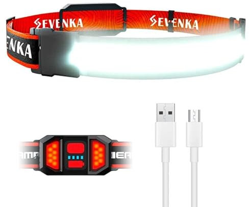 SEVENKA Torcia frontale a LED ricaricabile, fascio largo luminoso, fascia regolabile per adulti e bambini, faro leggero da 500 lumen, luce posteriore rossa, lampada da testa per campeggio,