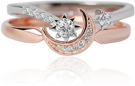 Meissa Celestial Moon and Star Ring Set Matching Promise Ring Gold Plated Stackable Ring Friendship Rings Handmade Sterling Silver Jewelry Gift for Women Teen Girls