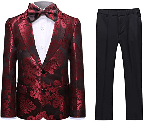 SWOTGdoby Boys Red Tuxedo Floral 2 Pieces Suit Set Jacquard Dresswear Blazer Trousers for Wedding Party