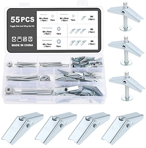 Knpwer Juego de 55 tacos basculantes – M4 M5 M6 con tuerca de mariposa, taco con muelle, cabeza redonda