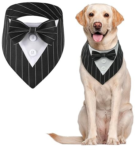 MHaustlie Hunde Smoking Bandana, Haustier Dreieck Schal, Formale Hochzeit Party Hundehalstuch, Verstellbar Krawatte Haustier Anzug Fliege Bandana für Hochzeit Geburtstag(L, SchwarzerStreifen)