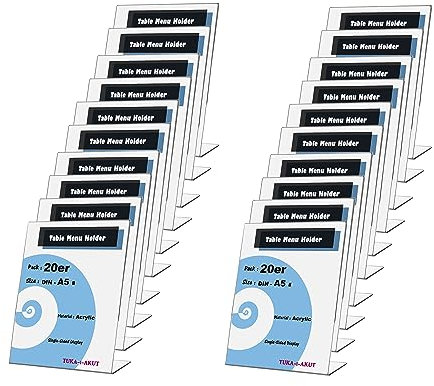 TUKA 20X A5 Hoch Acryl Anzeige-Ständer Plakataufsteller, Tischaufsteller Schräg L-Ständer, Prospektständer Werbeaufsteller Flyer-Display Speisekartenhalter aus 2,5mm Acryl Glaskla, TKD8200-A5-20x