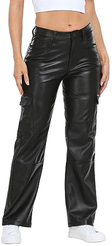 HDE Women's Faux Leather Cargo Pants with Pockets High Waisted Y2K Relaxed Pant Black - 32