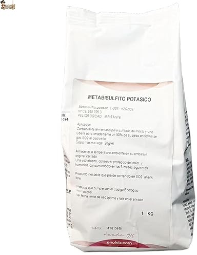 BricoLoco.com Metabisulfito de potasio. ¡¡¡ 1 KG.!!! Metabisulfito potásico E-224. Uso en fermento y elaboración Vino y Cerveza. Sulfuroso antioxidante Vino. (1)