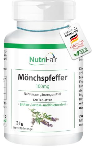Mönchspfeffer 100mg - mit 6mg Zink pro Tagesdosis - 120 Tabletten - Hochdosiert - 100% Vegan – Deutsche Produktion & Laborprüfung - NutriFair | Premium & Fair