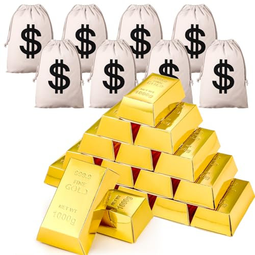 Honoson 48 Stück Goldbarren falsche Geschenkbox und 8 Stück große Geldbeutel mit Kordelzug Papier goldene Party Favor Box Dollar Zeichen Tasche 14 x 8,1 cm Requisite Schatzstein für Süßigkeiten