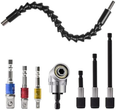 105°Right Angle Drill Adapter,60mm/100mm/150mm 1/4 Inch Hex Shank Magnetic Screwdriver Bit Holder,1/4 3/8 1/2 Impact Driver Bits,28cm Flexible Drill Bit Extension Bar for Tight Corner Workspace