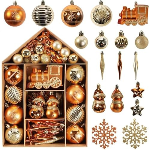 70-Piece Christmas Bauble Set – Bronze/Orange & Gold Tree Decorations | 18 Varieties | Shatterproof Baubles | Luxury Xmas Ornaments for Holiday Décor | Perfect for Christmas Trees & Parties